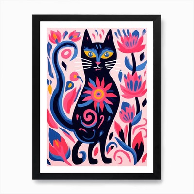 Schwarze Katze mit Blumen 5 Kunstdruck gerahmt Wandbild Poster Leinwanddruck Bild