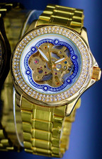 Trias Damen Mechanisch Automatikuhr Armband Uhr Skelett Gold Farben 38mm Edel