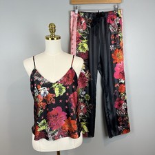 Victoria's Secret Black Satin Cami and Pants Pajama Set Size Small Floral Stripe