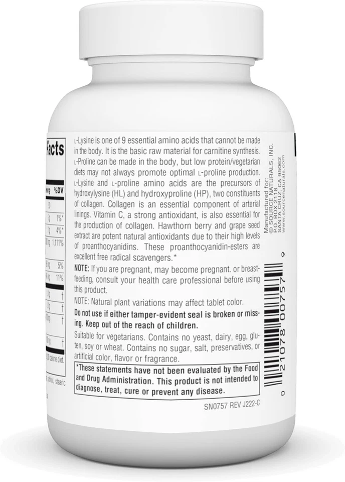 Source Naturals L-Proline & L-Lysine, 550mg - 60 Tablets 60 Count (Pack of 1)  - Image 3 of 4