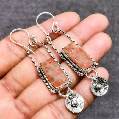 Asteroid Jasper Gemstone Handmade 925 Sterling Silver Jewelry Earring 2.72''