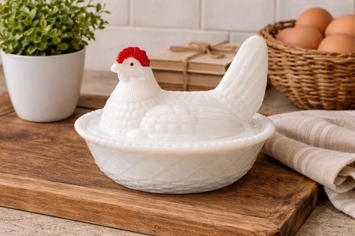 Vintage Westmoreland Milk Glass Hen on Nest Dish White WG Mark Farmhouse Decor