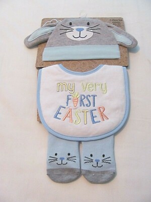 NEW 0-6 MO. BABY BOY'S ''MY VERY FIRST EASTER'' BIB, HAT AND SOCK SET