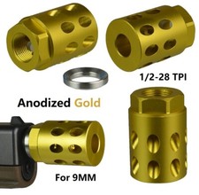 Gold 1/2x28 TPI Al 6082 T6 Slant Ports Muzzle Brake Compensator Fits 9 mm Glock