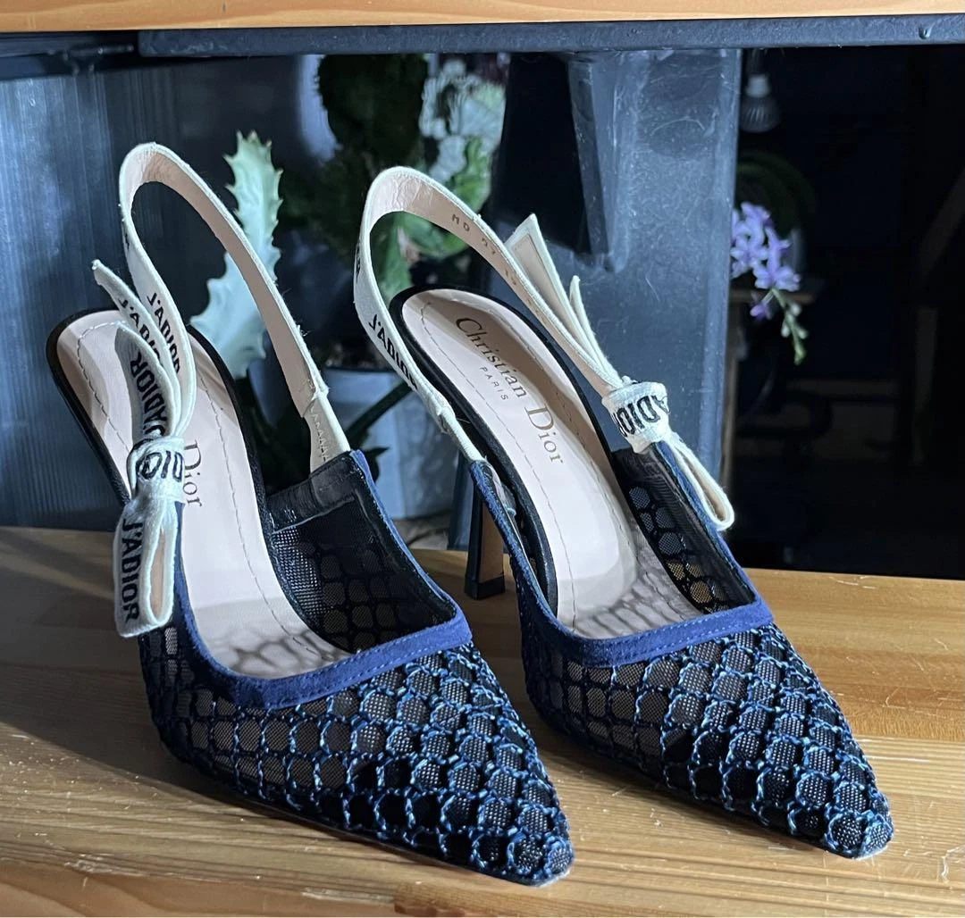 Escarpins Christian Dior J'Adior Slingback dentelle bleue brodés taille 34,5
