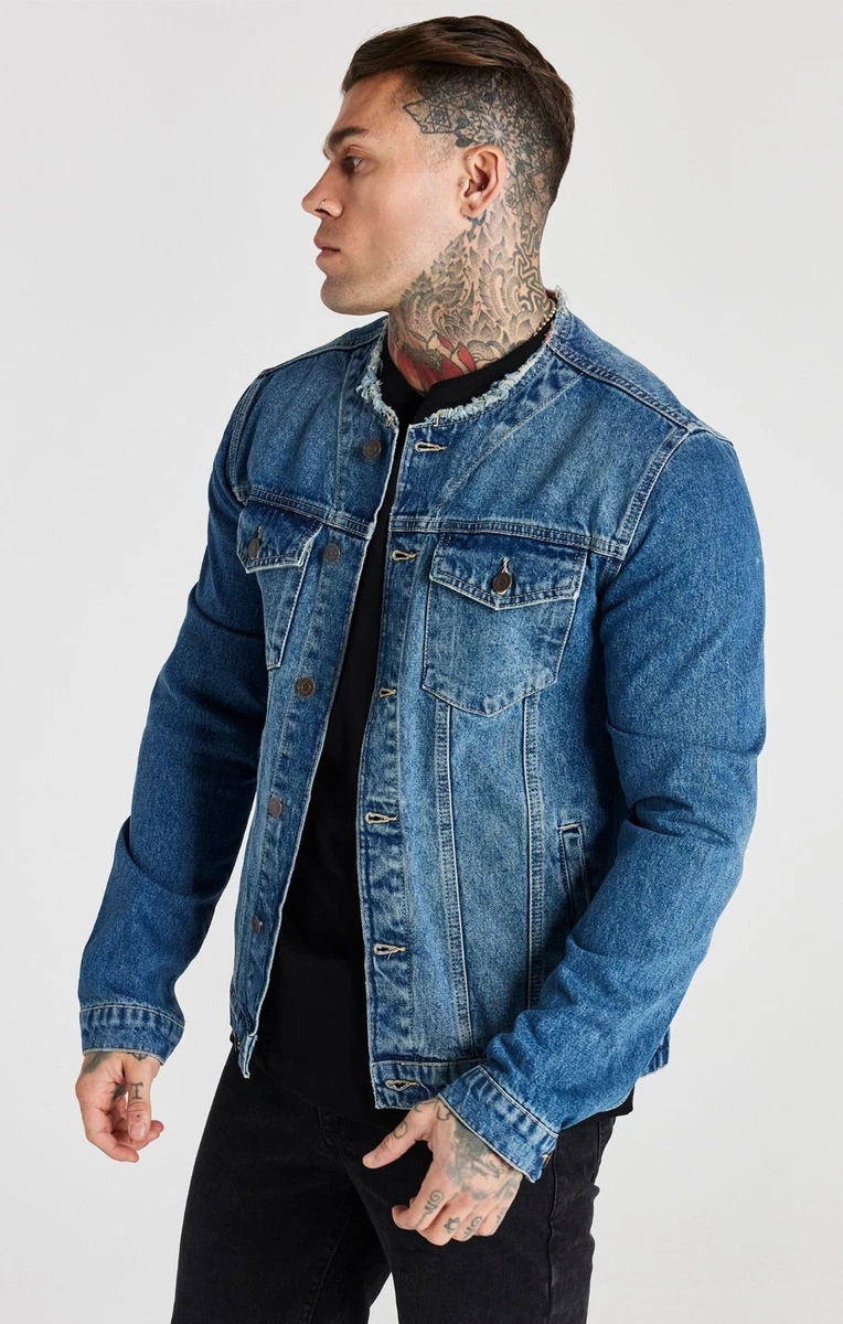 SIKSILK Collarless Muscle Denim Jacket In Camo With Distressing in