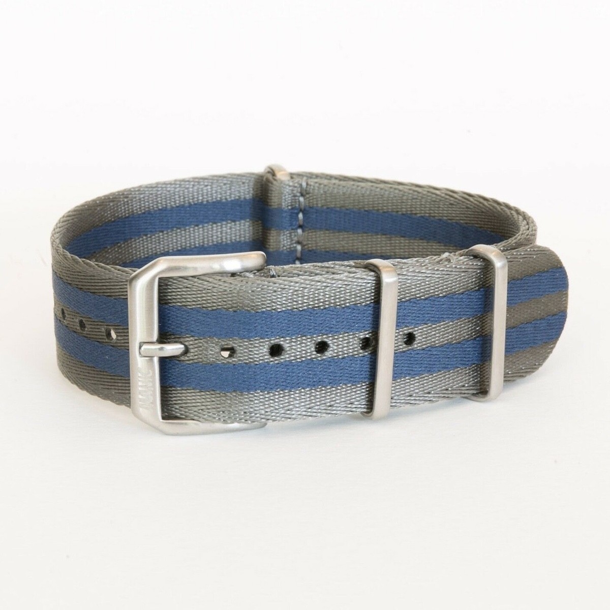 Premium Seatbelt NATO Watch Strap 20/22mm Grey/Blue Bond Stripes