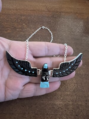 Navajo Native Flying Eagle Necklace Turq & Blk Ben Livingston L 4 1/2   Zuni # K