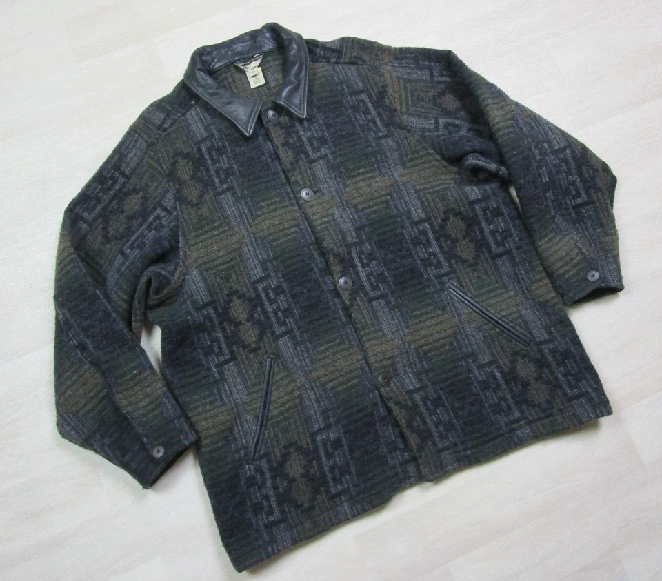 Eddie Bauer Wool Jacket Tweed Leather Collar VTG USA Made Long Overcoat Mens XL - Image 2 of 4