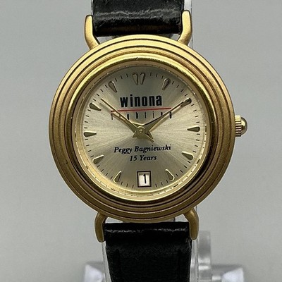 Winona Womens Watch 26mm Champagne Dial Gold Tone Date Black Leather New Battery