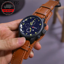 Mens Classic Retro Quartz Watch Big Dial Leather Strap Military Date Watch