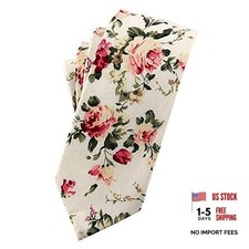 Men's Cotton Printed Floral Neck Tie Skinny Tie Beige White Floral