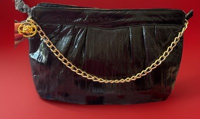 VINTAGE Black GENUINE EEL SKIN PURSE /gold Chain W/Lions Head Timeless Elegance