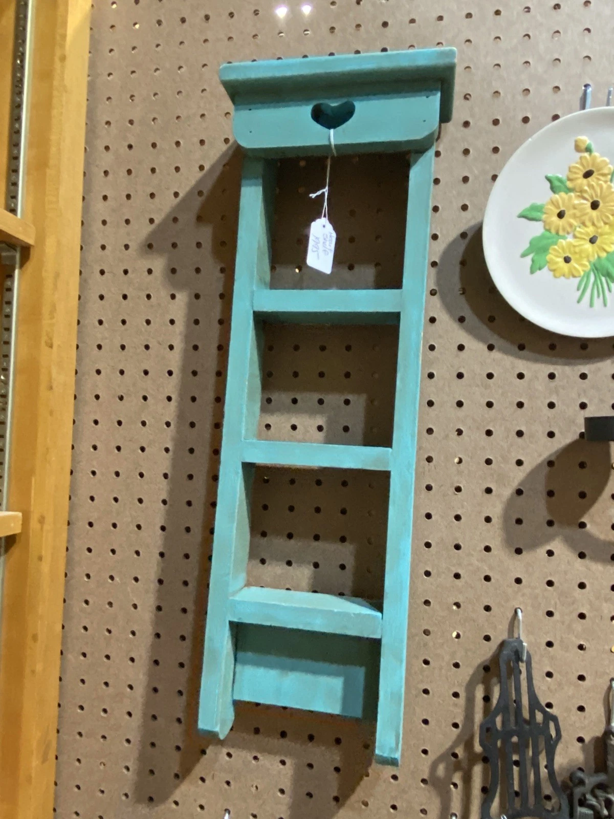 Vintage Hand Made Wooden Hanging Cubby Shelf Country Cottage Heart Cut Out Long