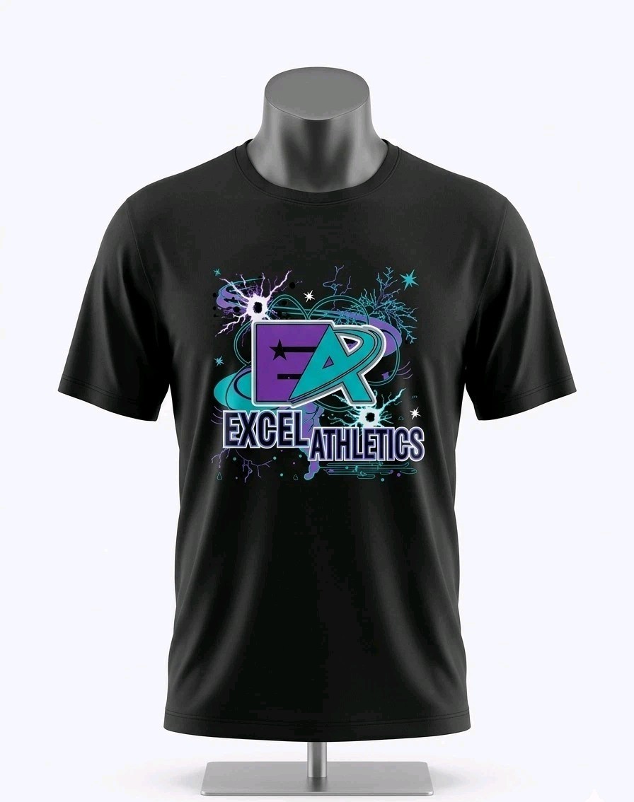 Excel Athletics Men's XL Black Graphic T-Shirt Polyester Crew Neck Short Sleeve