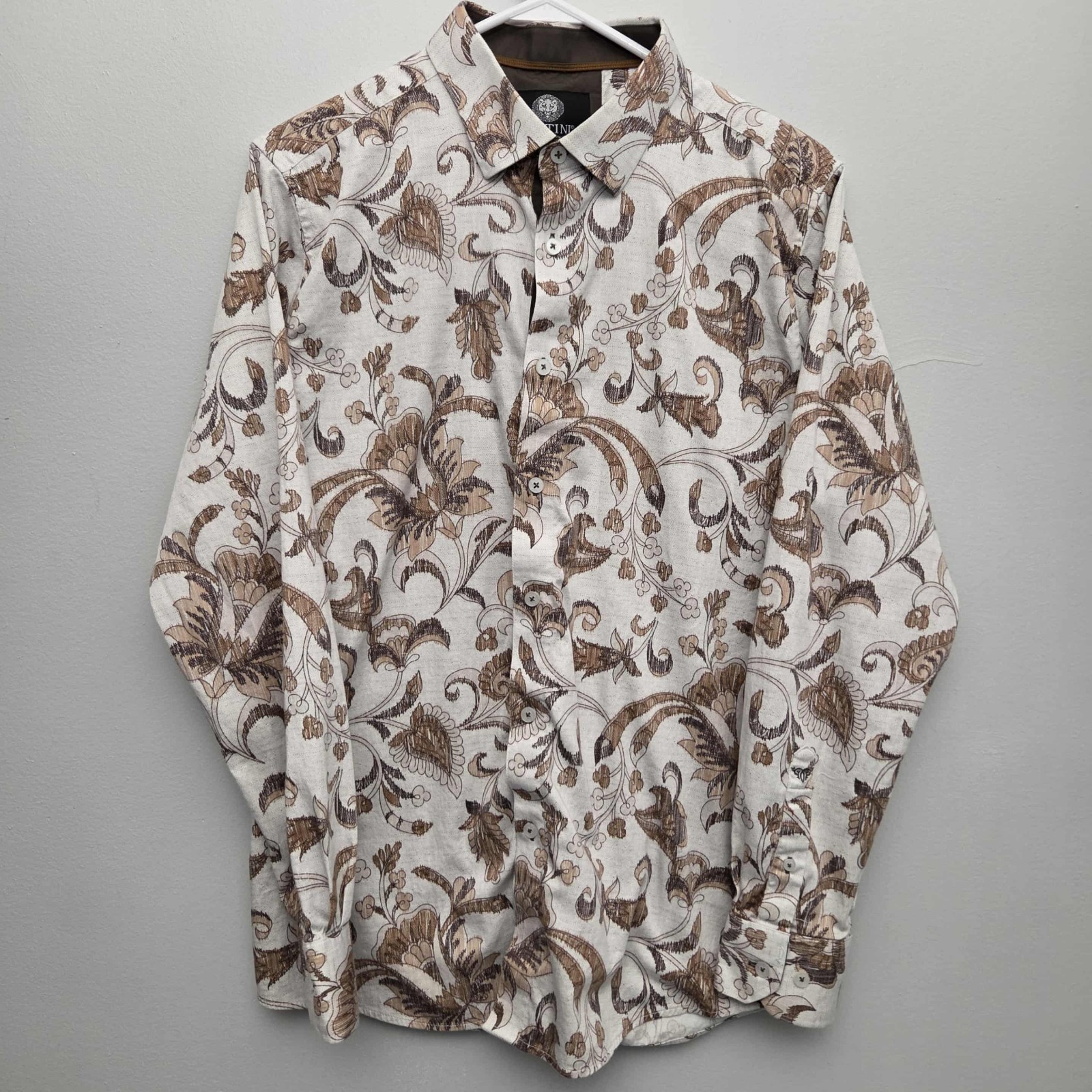 Platini Europe Collection Men's Long Sleeve Shirt Sz L Brown Flower Pattern