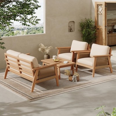 Outdoor Acacia Wood & Rope Sectional Patio Sofa Set 4-Piece Teak Beige