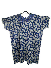 Nigerian AFRICAN WAX KIMONO DRESS Blue White Embroidered Neckline Handmade