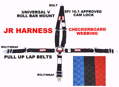 JR HARNESS 5 POINT CAM LOCK 2'' SFI 16.1 UNIVERSAL V PULL UP BLACK CHECKERBOARD