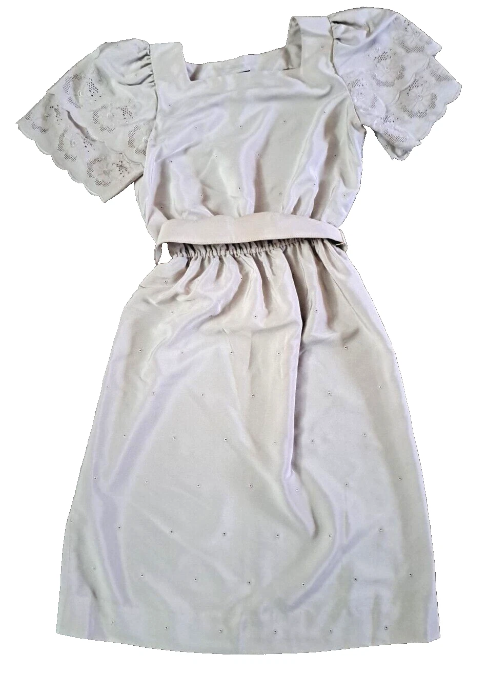 VTG Samuel Blue Womens Dress Flutter Sleeves Eyelet Lace Beige Belted 1990s S