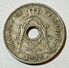 1928 Belgium 5 centimes Coin Center Hole Flanked by Olive Sprig