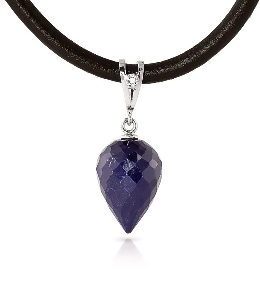 14K. COLLAR ORO MACIZO Y CUERO CON DIAMANTE Y ZAFIRO BRIOLETTE GOTA Foto 3 de 4