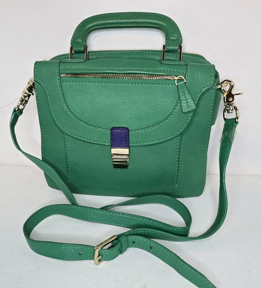 Botkier Leon Square Satchel Crossbody Leather Handbag Purse Green Blue Tab
