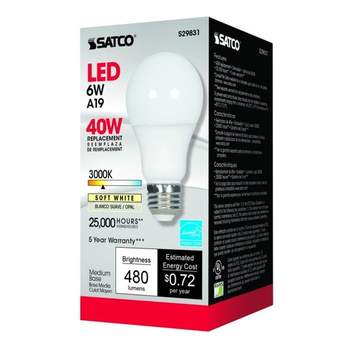 Satco S29831 - 6 Watt A19 LED Light Bulbs - 3000K - Medium base (6 Pack) - Picture 4 of 6