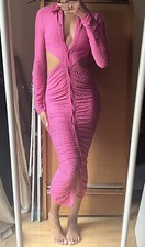 PLT Pretty Little Thing Pink Textured Cut Out Waist Midi Shirt Dress UK6
