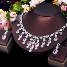 Luxury Brand Cubic Zirconia CZ Oval Flower Drop Necklace Earrings Set Jewellery