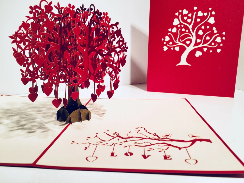 Origami ROJO Árbol del Amor Corazones PopUp Tarjeta de Felicitación Aniversario Feliz Boda Foto 4 de 4