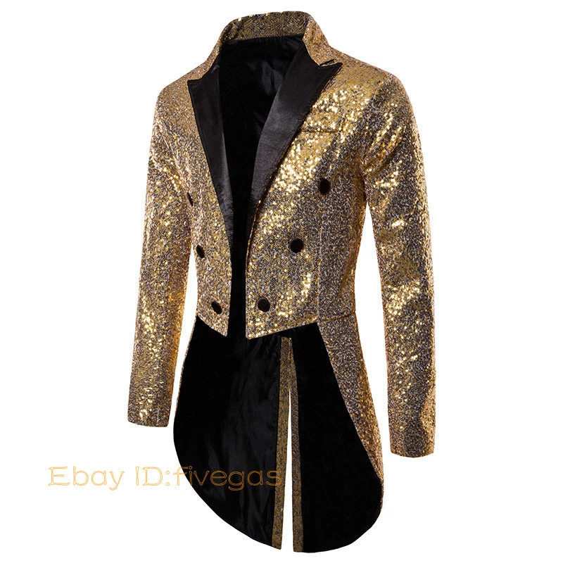 Men Shiny Sequin Jacket Tuxedo Tailcoat Wedding Prom Suit Magician Showman Cool - Image 4 of 4