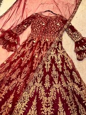 Cranberry Red Embroidered Anarkali Gown - Long Indian Ethnic Dress w Petticoat