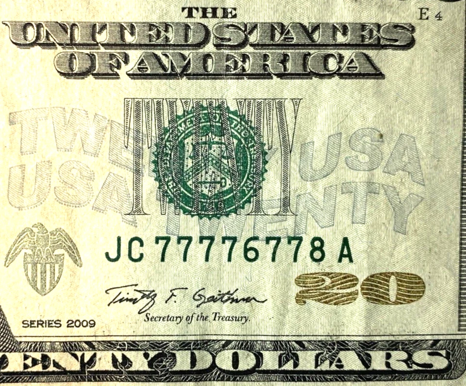 2009 Twenty Dollar Bill $20 Note Fancy 7's Serial Number (6) 7's Repeater - Image 3 of 4