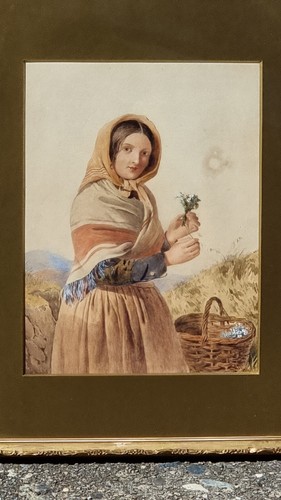 Contadinella che raccoglie fiori, dipinto acquerello inglese epoca Ottocento - Foto 15 di 15