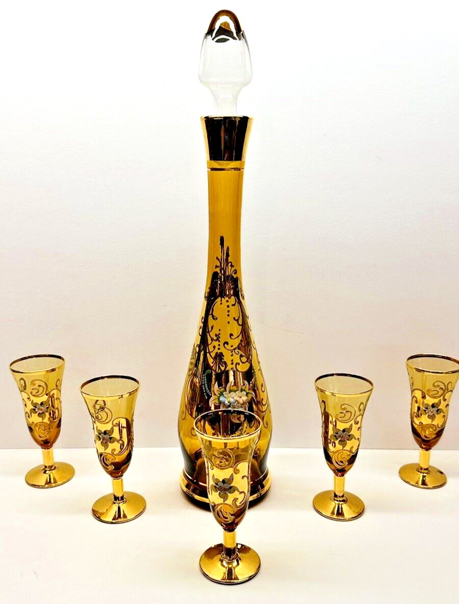 Vintage 6 Pc Murano Venetian Hand Painted 24K Gold Gilded Decanter