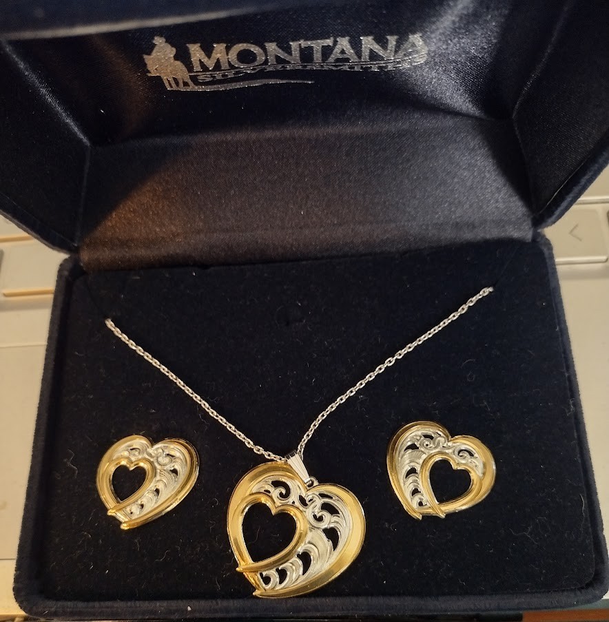Retired Montana Silversmith Silver/Gold Filigree Heart necklace/earrings set NOS