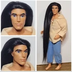 Barbie Vtg Custom Ken Doll Reroot Long Black Hair Blue Eyes Handsome