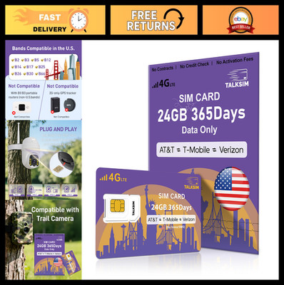 24GB Data SIM Card - 365 Days, 4G LTE for Unlocked Devices, USA Mobile WiFi, Rou