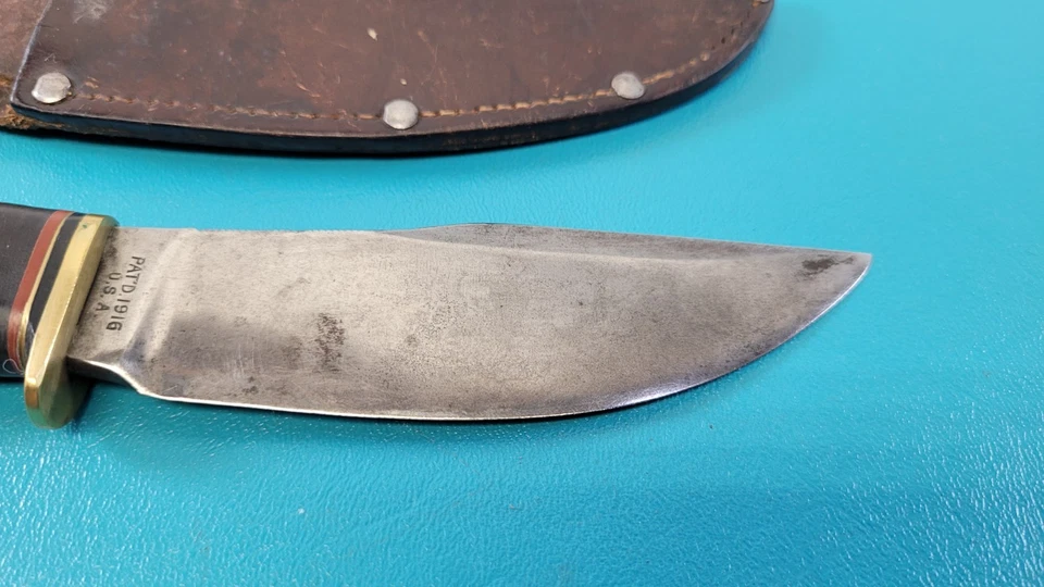 Antiguo cuchillo de caza Gladstone de mármol + funda de cuero 1916 pat. Fecha TR529 Foto 2 de 4