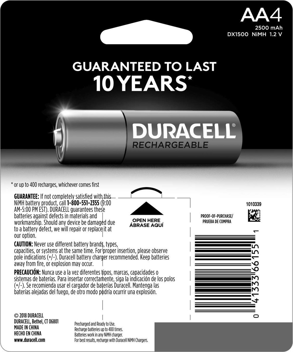 Duracell DX1500 AA 2000 mAh NiMH Rechargeable Batteries - 4 Count