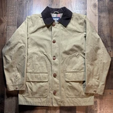 Lands End Jacket Men L Tan Chore Coat Barn Plaid Corduroy Trim Vintage Style