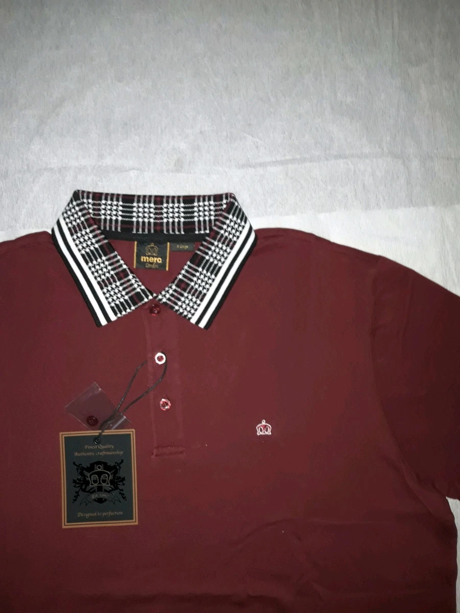 Merc London Men's Polo T-Shirt XL Short Sleeve Burgundy with Patterned Collar
