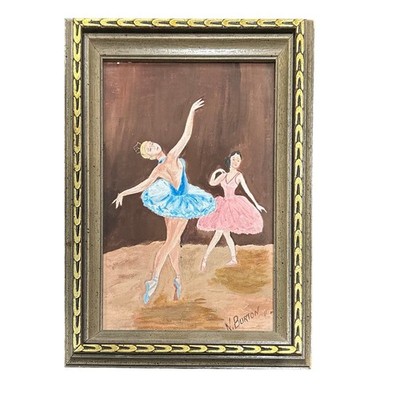 Vtg Original Ballet Dancers Ballerinas Canvas Framed Painting - N. Burton Signed
