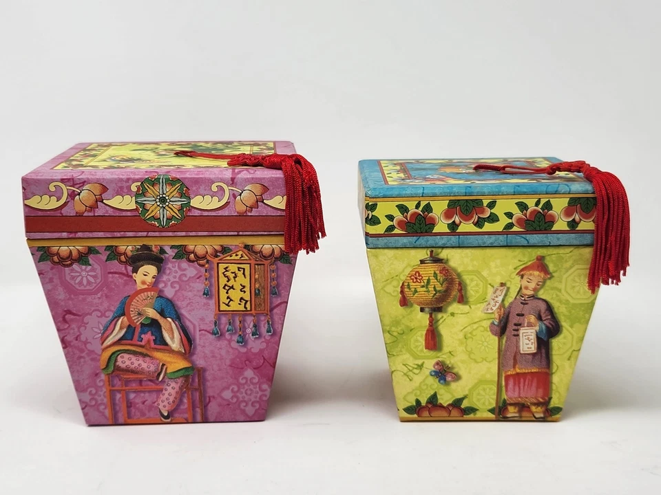 PUNCH STUDIO Nesting Boxes Set of 2 KEEPSAKE Asian Stackable Tassle Colorful  - Image 2 of 4