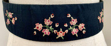vintage made in France black satin belt w pink embroid. Flowers 28-30 w buckle