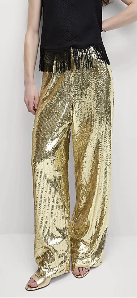 M&S Fully Lined Wide-Legged Gold Sequinned Trousers Sz 8 R New With Tag RRP £59 - Image 2 of 4