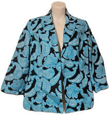 KIM ROGERS Women's Black Blue Paisley Jacket Blazer Size Medium 100 Linen