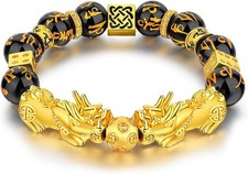 Gold Plated Feng Shui Pi Xiu Wealth And Lucky Bracelet, 4pcs set, Black Obsidian