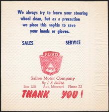 Vintage napkin FORD old logo Sallee Motor Company Phone 22 Ava Missouri n-mint